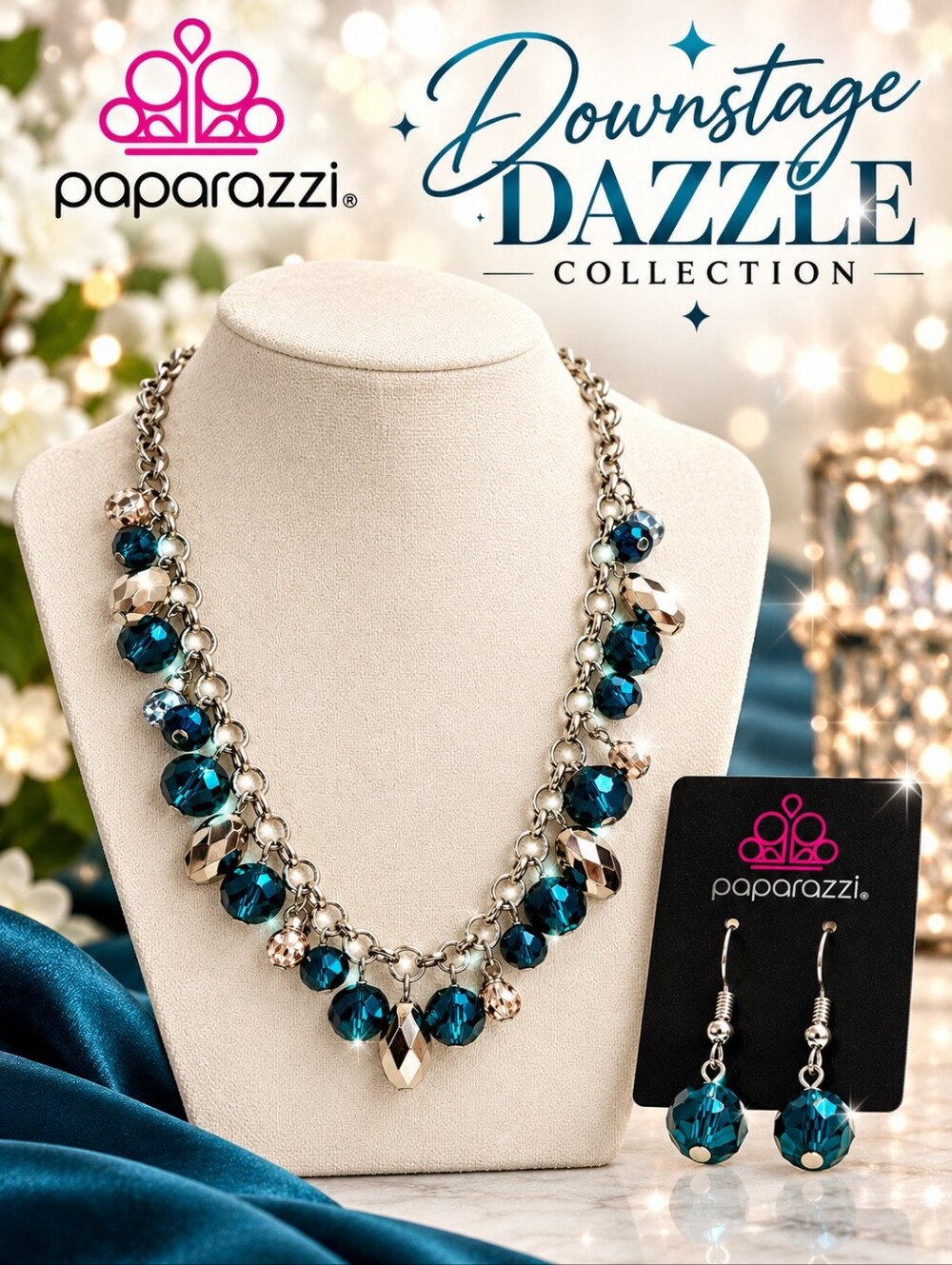 Paparazzi "Downstage Dazzle" Teal Crystal-like Bead Silver Tone Necklace Set